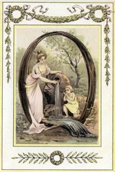 Letter Q Representing a Mother and Her Son Drinking Water from the Spring, Late 19th Century (chromolithograph)