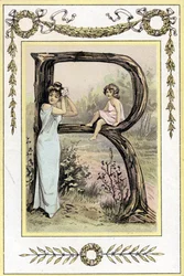 Letter R representing a mother and daughter, late 19th century (chromolithograph)