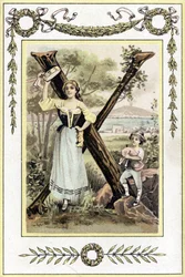 Letter representing a mother with a timpani and her son as a shepherd with a bagpipe, late 19th century (chromolithograph)