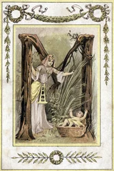Letter representing an Egyptian mother finding an abandoned child (Moses saves waters), late 19th century (chromolithograph)