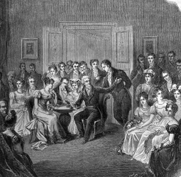 Literary Salon in the 19th century: Francois Auguste Parceval de Grandmaison (1759-1834) reading verses from his poem 