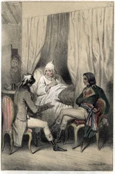 Louis Antoine Fauvelet de Bourienne (1769-1834), French diplomat and administrator, and General Napoleon Bonaparte (1769-1821) asked a sick old capitalist for money for the Italian campaign. Plate taken from 