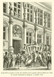 Louis XVI appears at one of the windows of the great hall of the Hotel de Ville, the national cockade on his hat, July 17, 1789