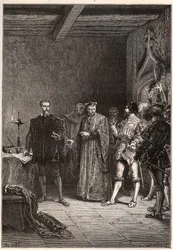 Louis de Berquin (1485-1529), knight and humanist, religious reformer, liberated by Jean de la Barre (1523-1533) prevot de Paris - Louis de Berquin (left) released from prison by John de la Barre - engraving from 