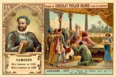 Luis de Camoes, Portuguese Poet, and a Scene from His Poem The Lusiads, Depicting Vasco da Gama Being Received by the King of Malindi