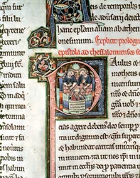 The Escape of Saint Paul from Damascus, illuminated initial letter P, 13th century, from the Avranches Bible