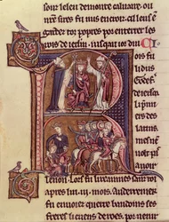 Historiated Initial R Depicting King Baldwin I of Flanders Being Crowned as the Latin Emperor in 1204 and His Generosity Towards a Turkish Woman Sending Her Child Off