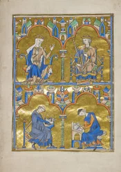 Blanche of Castile and King Louis IX of France and below: Author Dictating to a Scribe, Bible of Saint Louis (Moralized Bible), probably Paris