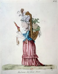 Madame of the Three States. A woman wearing elegant clothes and carrying a basket of fruits and vegetables representing the three states at the time of the French revolution