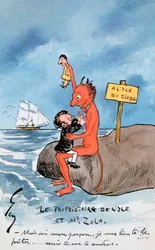 Mais oui, mon garcon, je veux bien te le preter..., cartoon depicting Zola and the Devil on Devils Island debating the Dreyfus Affair