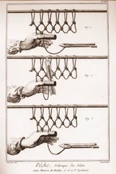 Making a fishing net - Encyclopedia or Dictionary of the Sciences, Arts and Professions by Denis Diderot (1713-1784) and Jean d