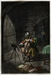 Man in the Iron Mask, playing the cello in prison - engraving from Histoire de France by Jules Michelet - 1876-1877