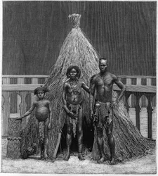 Man, woman, and child of the Angolan troupe exhibited in Paris during the World Exposition of 1889