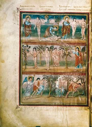 Manuscript page representing episodes from the life of Adam and Eve: creation of Adam and Eve. The original sin. Expulsion from Paradise