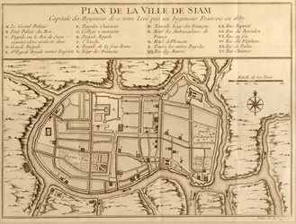 Map of the city of Siam, capital of the kingdom of that name after a survey done by a French engineer in 1687, published in the 1751 edition of Histoire Générale des Voyages by Antoine Prévost