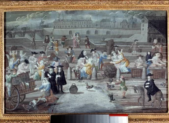 Market at the poultry and bread, quai des Grands Augustins in Paris in 1660. Anonymous French painting
