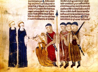 Marguerite of Burgundy, wife of French King Louis X, has her hair cut for adultery