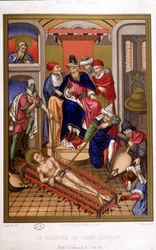 Martyrdom of Saint Laurent (grill) after miniature of the Middle Ages, France 14th century