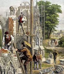 Masons on the construction site of a cathedral - in 