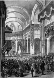Mass of All Saints celebrated in the church of Saint Nicolas du Chardonnet in Paris, decorated like Saint Peter of Rome for the canonization of the martyrs of Japan. 1862. Engraving in 
