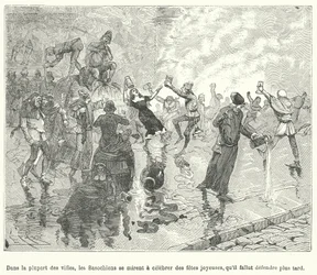 Members of the Basaoche, a guild of law clerks, celebrating a festival on the streets of a medieval French town