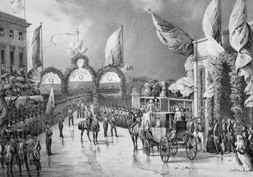 Military honours to King at Gosport - Louis Philippe I (1773-1850), King of the French, Prince Albert (1819-1861) and Victoria (1819-1901), Queen of England at Gosport Station during the official voyage of Louis-Philippe to Britain (1844)