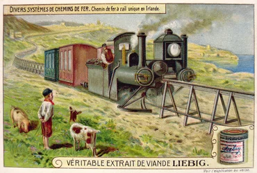 Monorail train in Eire, promotional advertising card for Veritable Extrait de Viande Liebig