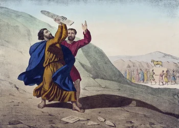 Moses breaking the Tablets of the Law and the Adoration of the Golden Calf, illustration from a catechism L