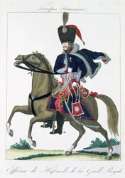Mounted officer of the Hussars of the Royal Guard, from Troupes Francaises, pub. chez Basset, Paris, c.1790