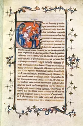 Page with a historiated Initial depicting a seated man before the Wheel of Fortune, from 