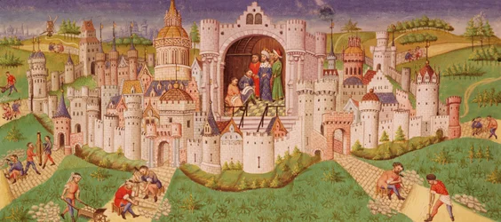 View of a city with labourers paving roads leading up to the city gates with cobbles while the king stands in a chamber dictating to two scribes