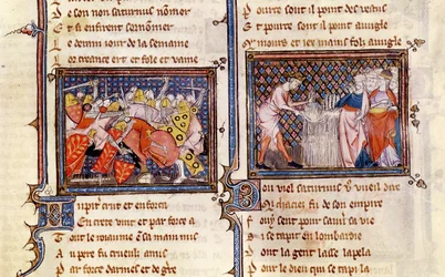 Jupiter versus Saturn: Saturn teaching the Lombards how to use a sickle, from Ovide Moralise