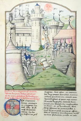 Capture of Jerusalem in 1099 by Godfrey de Bouillon and the Crusaders during the First Crusade, miniature from Fleur des Histoires