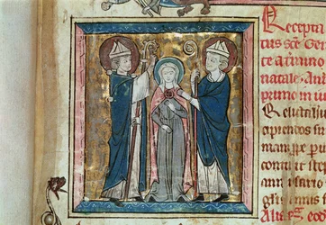 Ms. 16261, fol. 1, Enthronement of St Genevieve, from the Land Register of the Abbey of Sainte-Geneviève