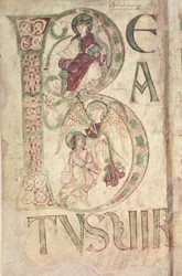 Historiated initial B depicting St. John the Evangelist and an Angel, from the Psalter of Corbie
