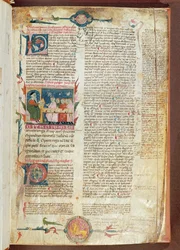 Instruction scene, first page of Aphorisms by Hippocrates with Comments by Galen