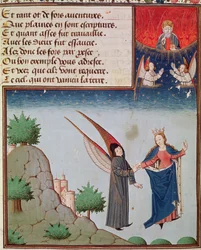 Lady Philosophy leads Boethius in flight into the sky on the wings that she has given him; God the Father looks on in blessing
