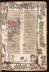 King David seated strikes a peal of five bells, from a Breviary, Use of Paris, 1400