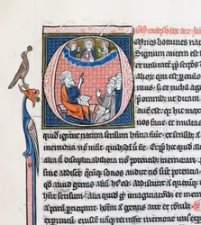 Historiated initial O depicting the ancient Greek philosopher Aristotle, teaching a group of clerics from Western Europe and pointing upwards towards God in the heavens