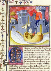 Knight escaping from a castle with the help of a lady, from the Livre de Messire Lancelot du Lac