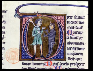 Historiated initial D depicting a man with the devil, from a Latin bible
