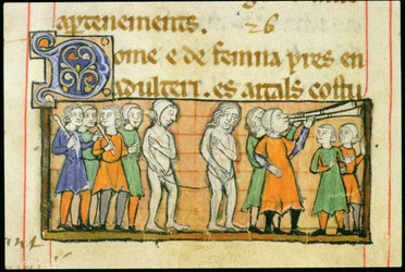 Punishment of two adulterers by nude procession through the town, from Livre Juratiore dAgen