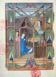 Ms 473 The Nativity with peacocks, miniature from the Heures de Charles de France, c.1466-69