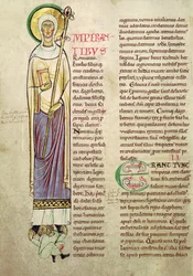Historiated initial I depicting St. Richrudius, from Recueil de Vie des Saints