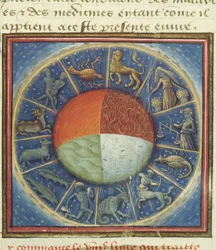 The four elements of the Earth with the twelve signs of the zodiac, from Des Proprietez des Choses by Barthelemy l