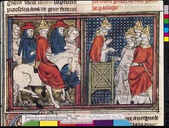The Council of Clermont and The Arrival of Pope Urban II (c.1035-99) in France, from Le Roman de Godefroi de Bouillon, 1337