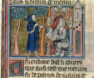 Merlin dictates the story to Blaise, from l