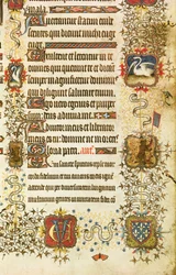 Ms Lat 919 fol.96 (detail) of Coats of Arms and Animal Decoration, from St. Peter Leading Jean de France Duke of Berry into Paradise, from the Grandes Heures de Duc de Berry