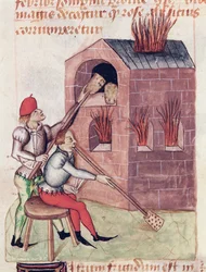 Glass blowers, from Tractatus de Herbis by Dioscorides