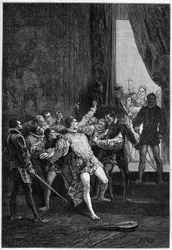 Murder of David Rizzio (Davide) in the presence of Mary Stuart (Mary I) (1542-1587) - engraving in “L